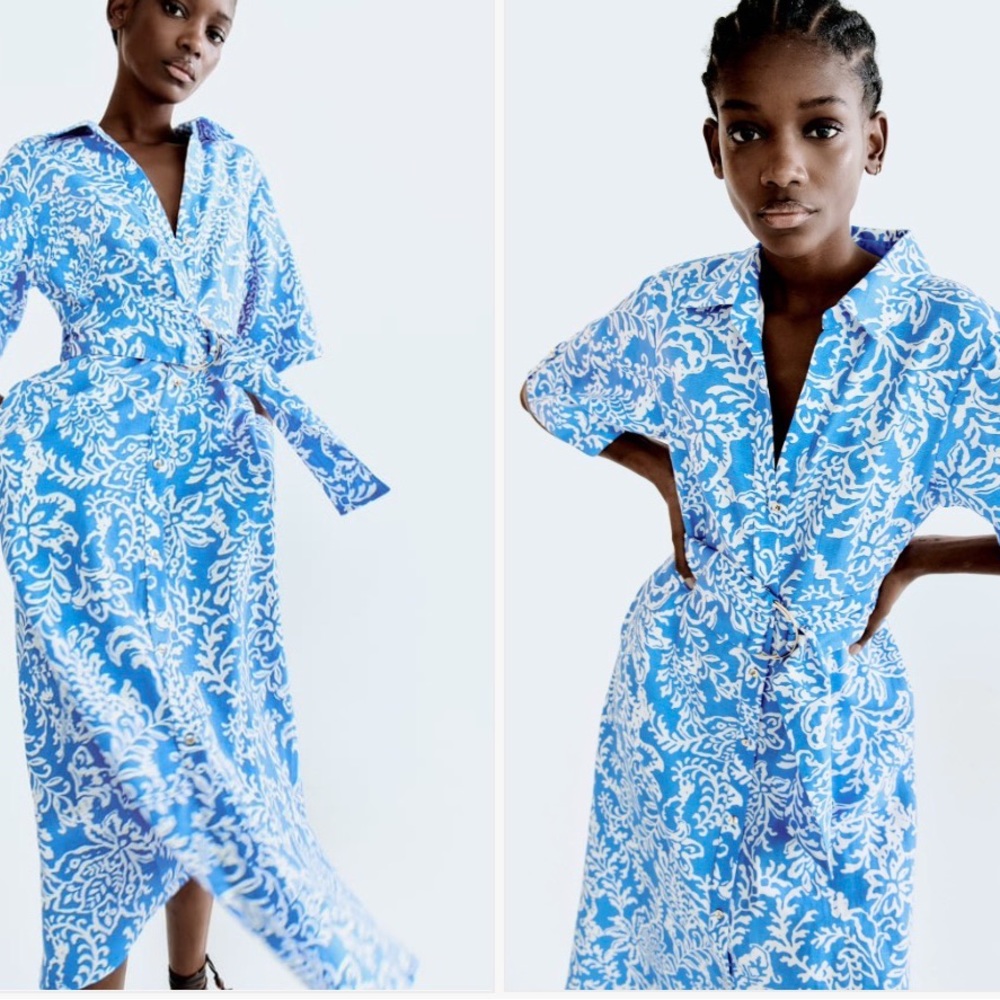 NWT ZARA Printed Linen Blend Printed Shirt Dress